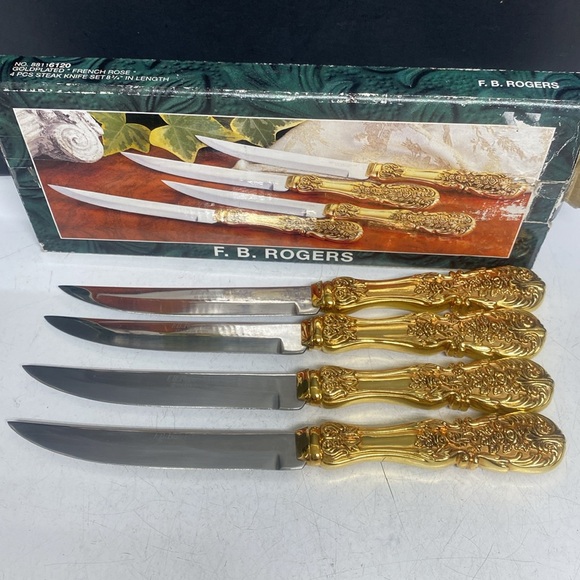 F. B. Rogers Steak Knife Set Goldplated French Rose - Picture 1 of 14